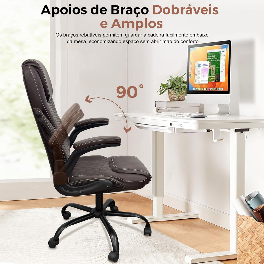 Cadeira presidencial com braços dobráveis, facilita guardar embaixo da mesa e otimiza espaço no escritório