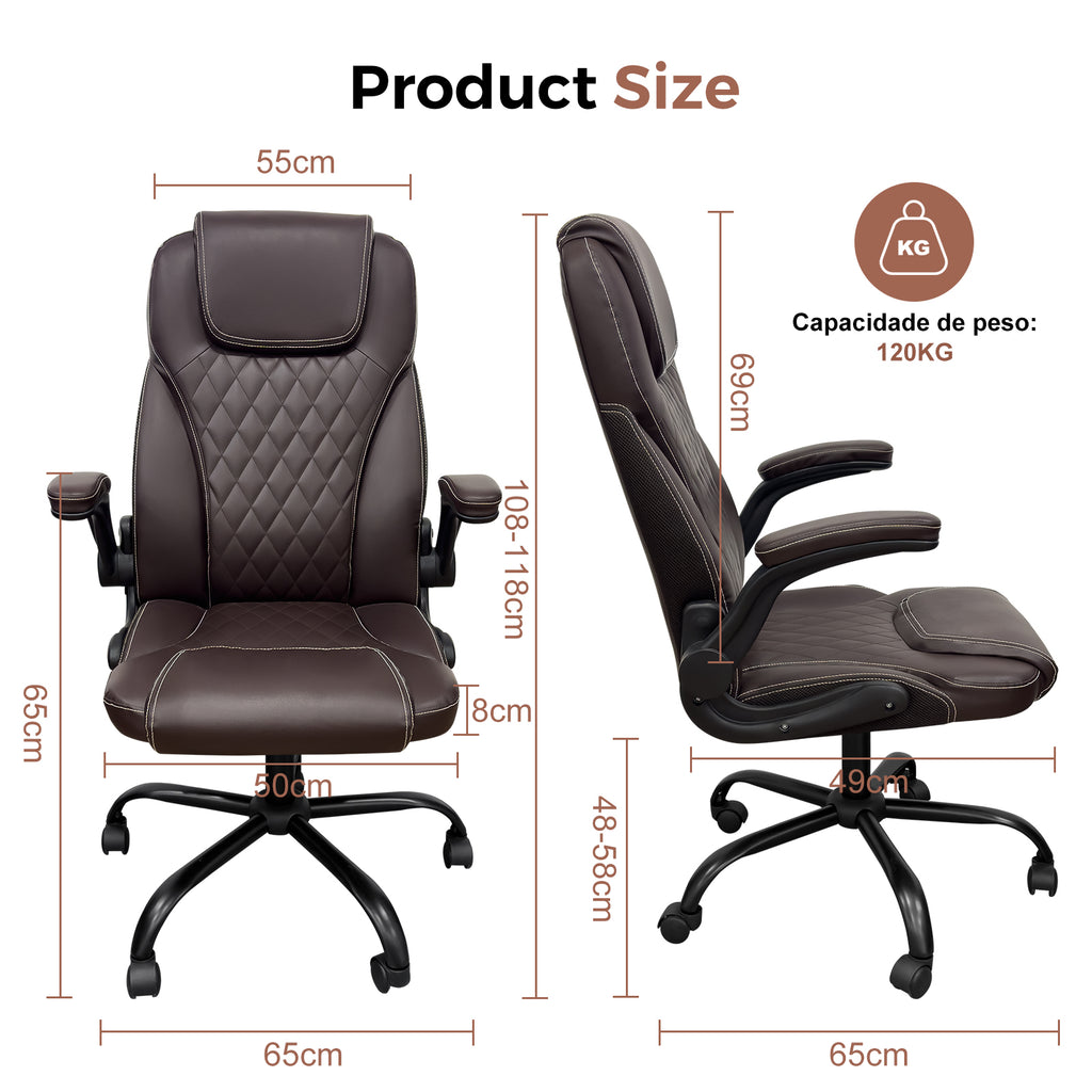 Dimensões detalhadas da cadeira presidencial, suporta até 120kg, ajustável em altura e confortável para longas horas de uso