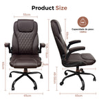 Dimensões detalhadas da cadeira presidencial, suporta até 120kg, ajustável em altura e confortável para longas horas de uso