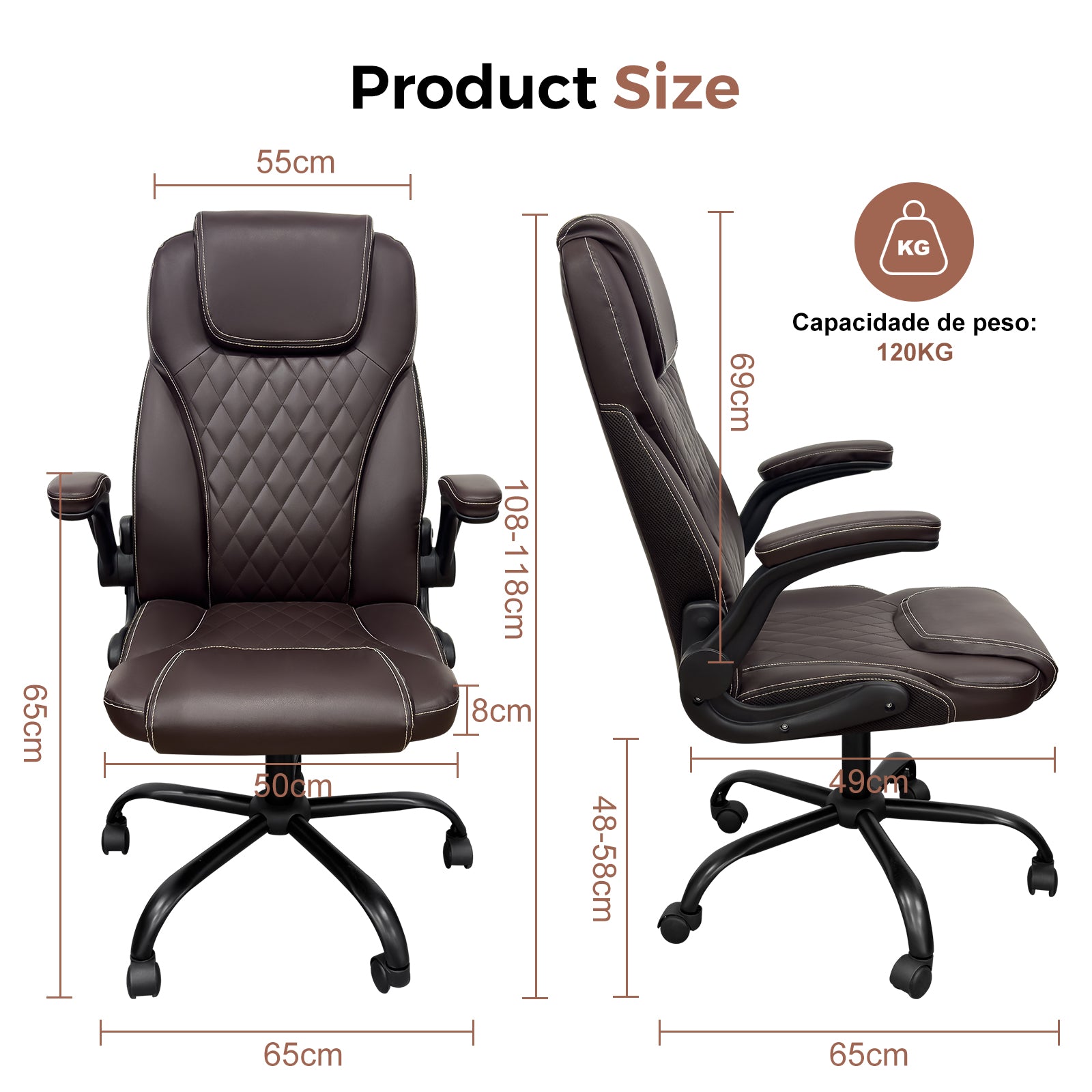 Dimensões detalhadas da cadeira presidencial, suporta até 120kg, ajustável em altura e confortável para longas horas de uso