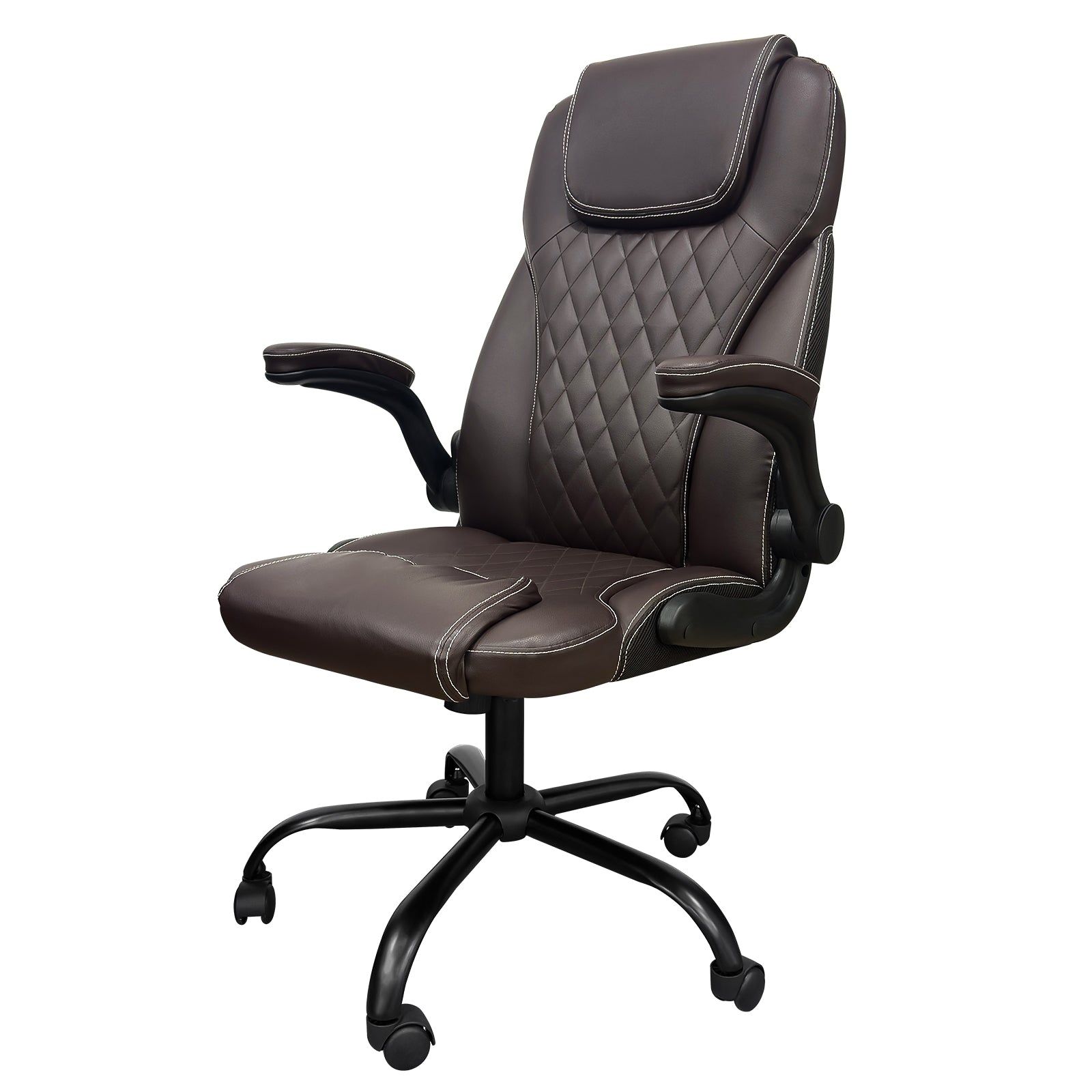 Cadeira presidencial em couro PU marrom, com costura em padrão losango e detalhes elegantes, ideal para escritórios e ambientes formais