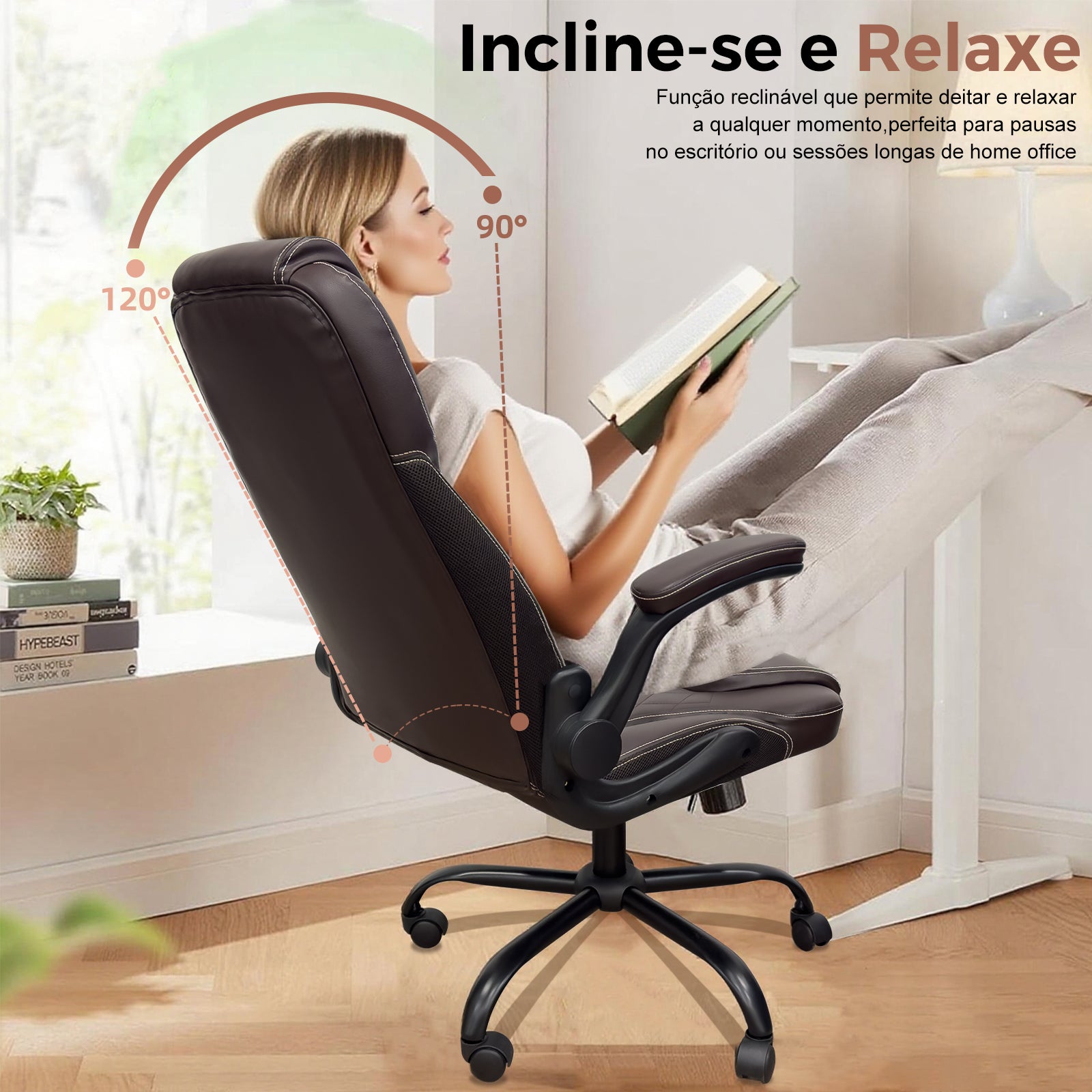 Cadeira presidencial com função reclinável, permite descansar e relaxar durante pausas no trabalho