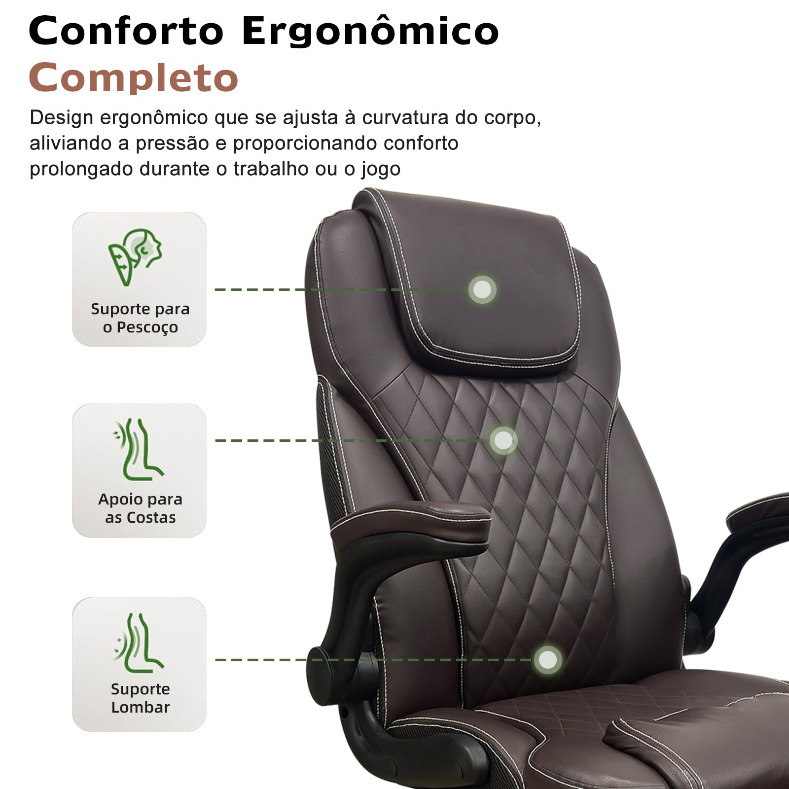 Cadeira presidencial com suporte completo para pescoço, costas e lombar, aliviando tensão muscular no trabalho