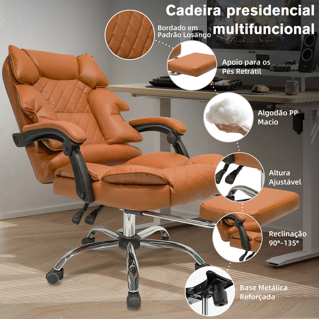 Cadeira presidencial multifuncional com bordado losango, apoio de pés retrátil, reclinação 90-135° e base metálica reforçada