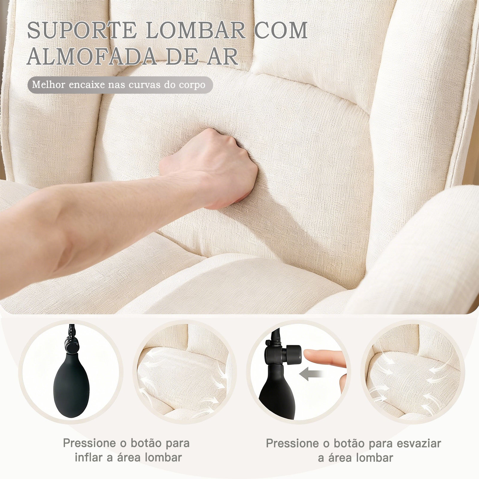Cadeira de repouso com suporte lombar inflável, adapta-se às curvas do corpo para conforto prolongado no repouso