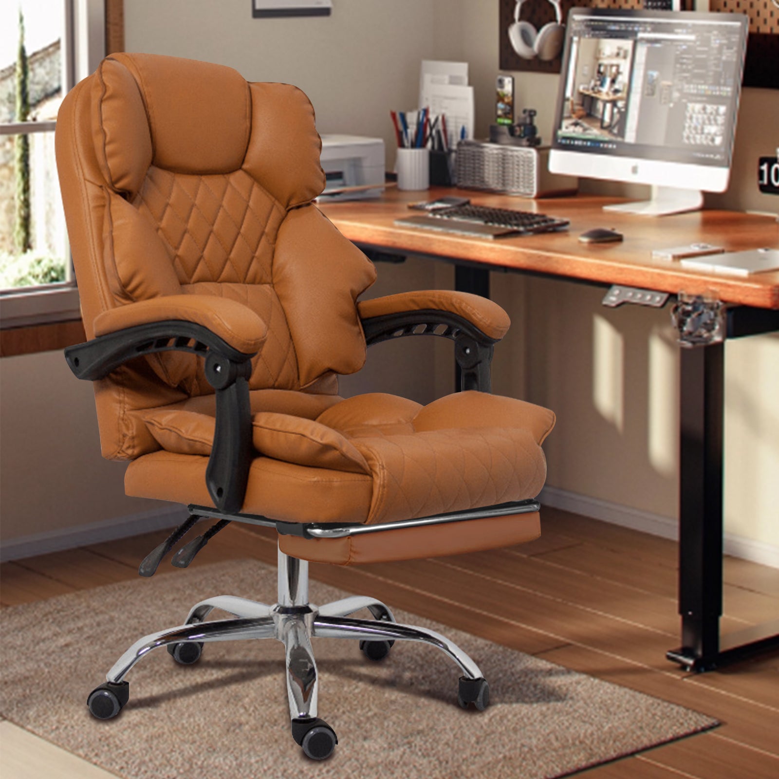 Cadeira presidencial marrom, largura 50cm, altura 113-123cm, suporta até 150kg