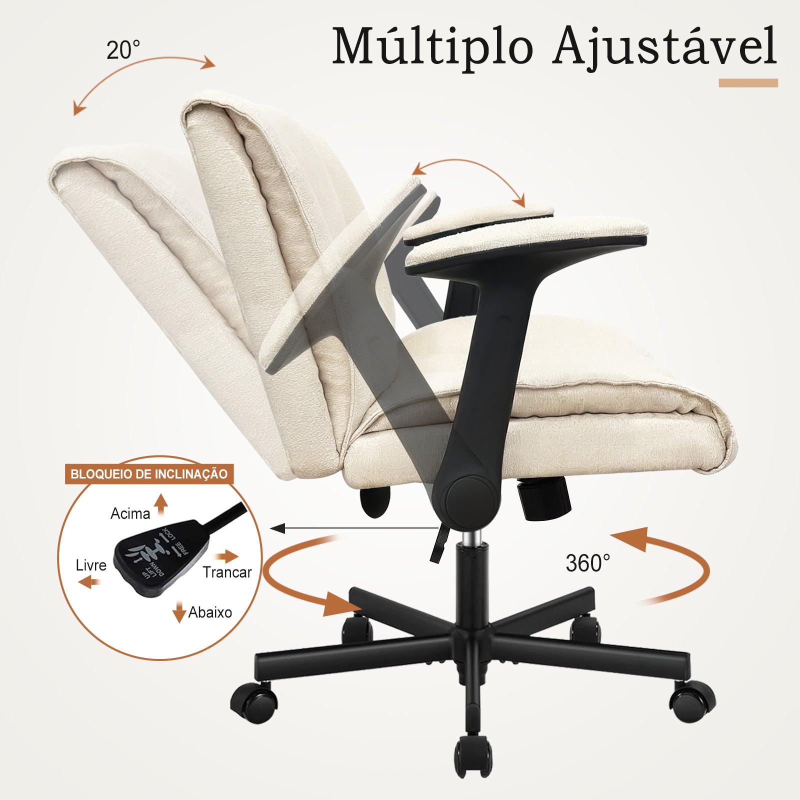 Cadeira de repouso giratória 360°, reclinação ajustável e bloqueio de posição, adaptável para relaxar ou assistir TV