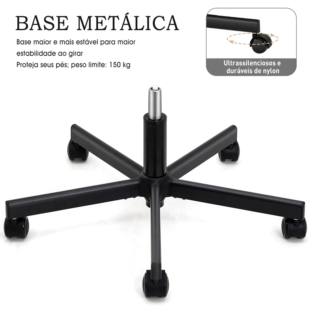 Base metálica reforçada, rodas de nylon duráveis e silenciosas, segura para pisos diversos