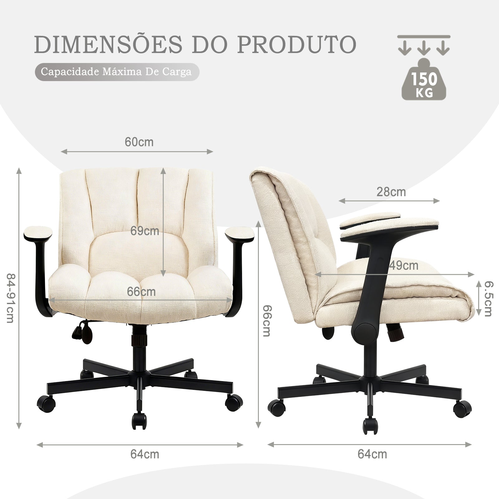 Cadeira de repouso ergonômica bege com dimensões detalhadas, suporta até 150kg, ideal para lazer em casa e descanso