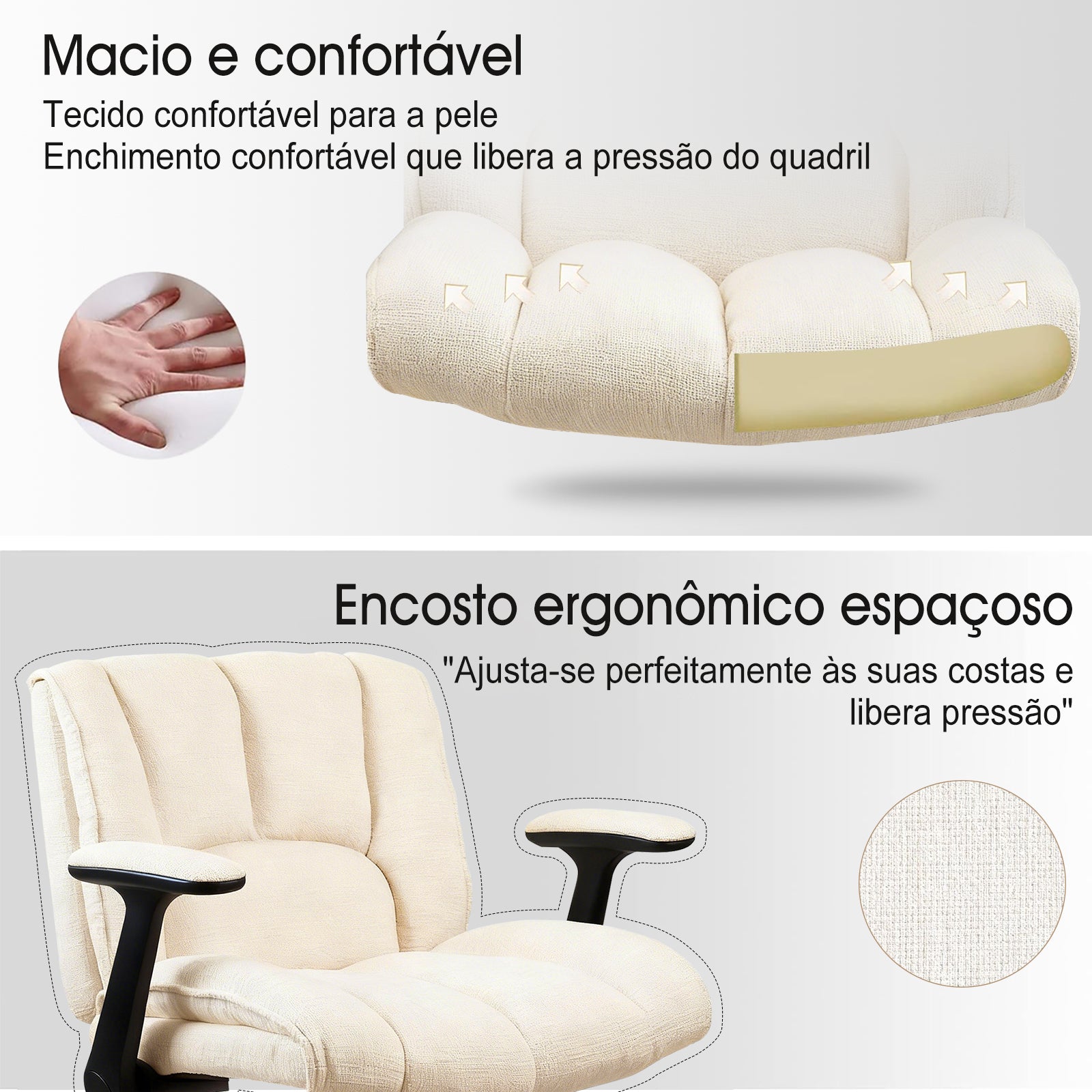 Tecido macio e respirável, enchimento que libera pressão no corpo, ideal para longos momentos de repouso