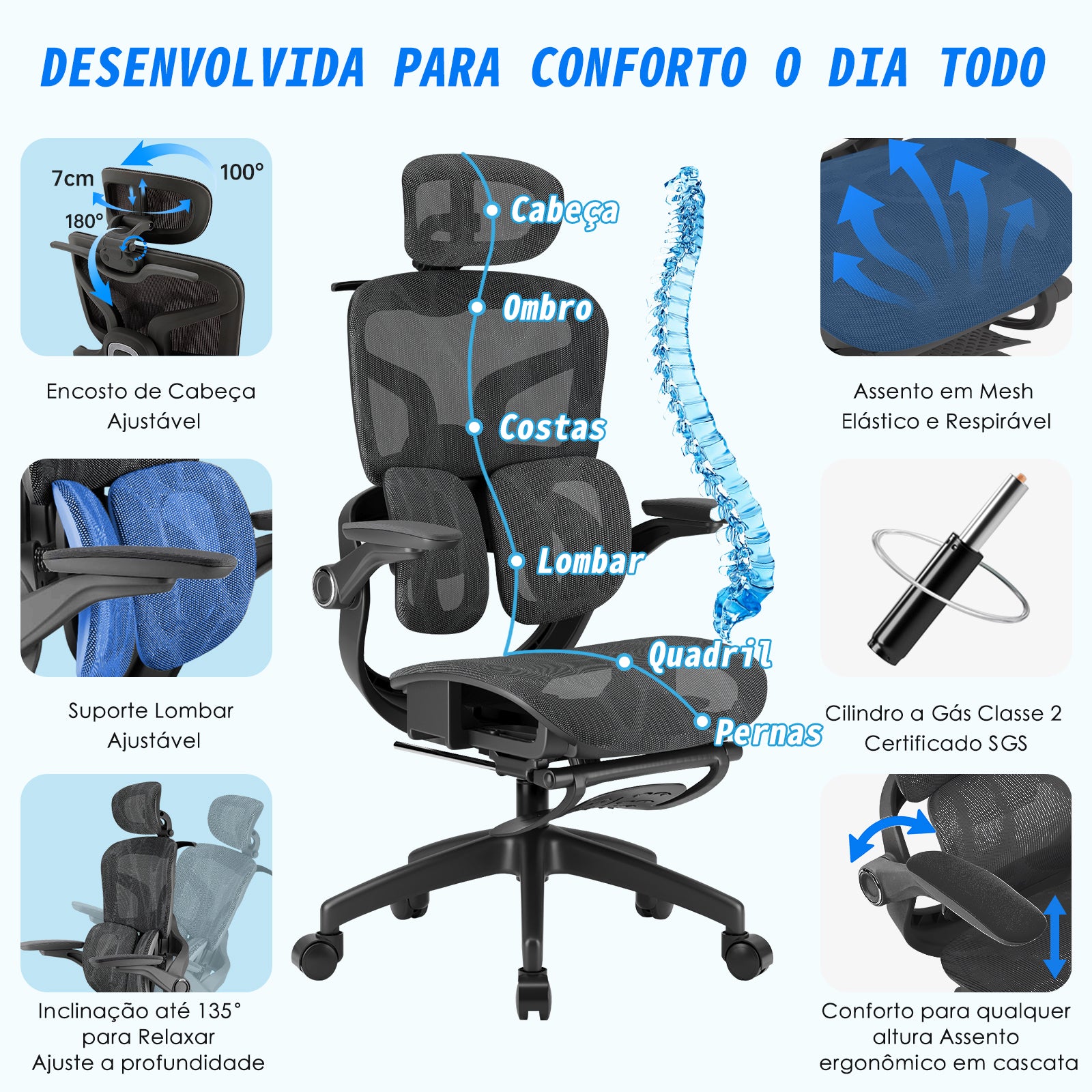 Cadeira ergonômica com assento de malha elástica, suporte lombar ajustável e cilindro gás certificado SGS