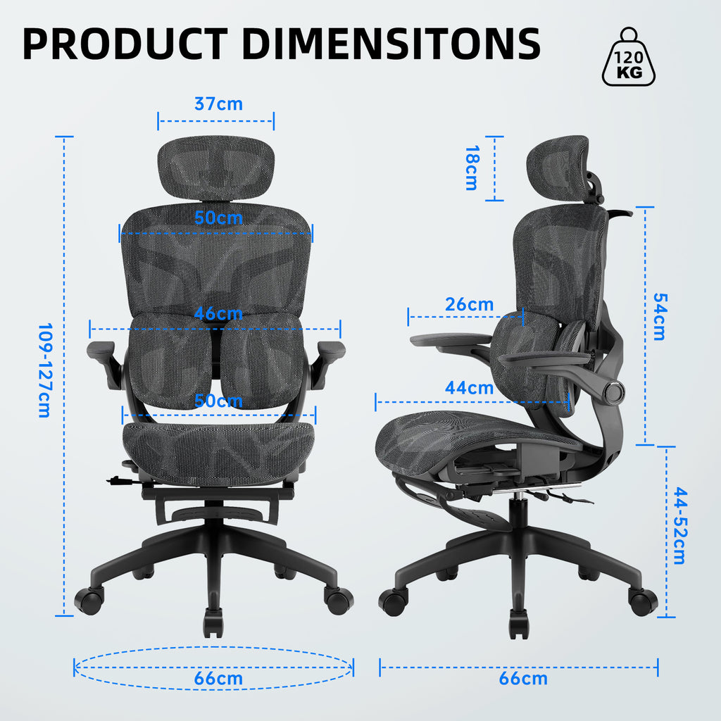 Especificações da cadeira ergonômica: dimensões, capacidade de carga 120kg e ajustes de altura