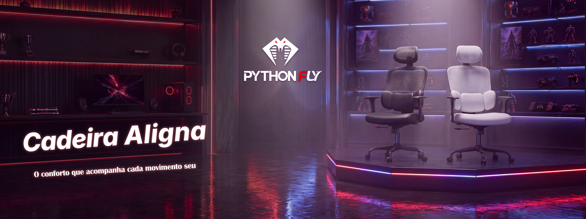 Banner Cadeira ergonômica Pythonfly Aligna, duas versões da cadeira para escritório e gamer em cenário neon`