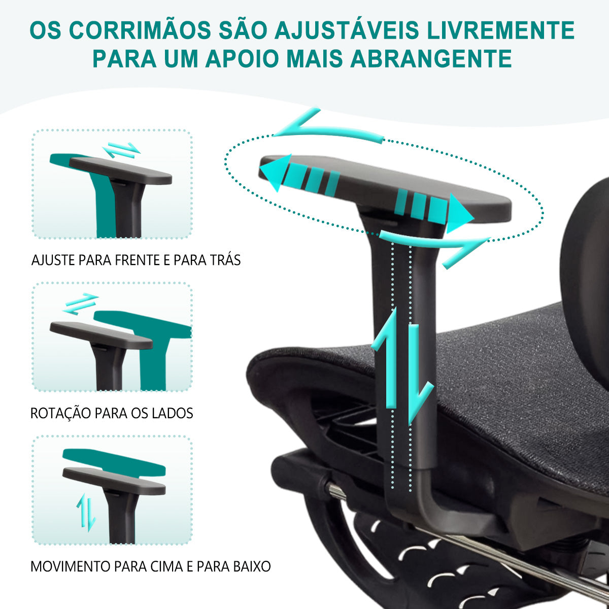 Corrimãos ajustáveis da cadeira ergonômica: movimento para frente/trás, rotação e altura