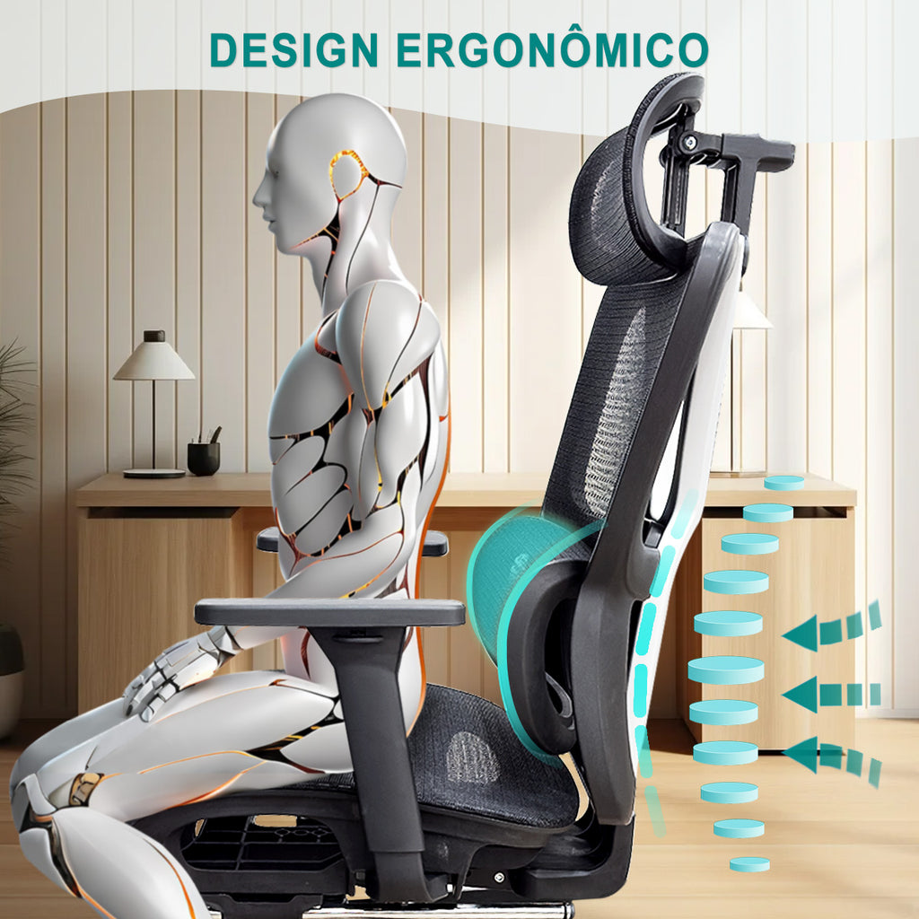 Design ergonômico da cadeira de escritório, suporte lombar e respirabilidade para postura saudável