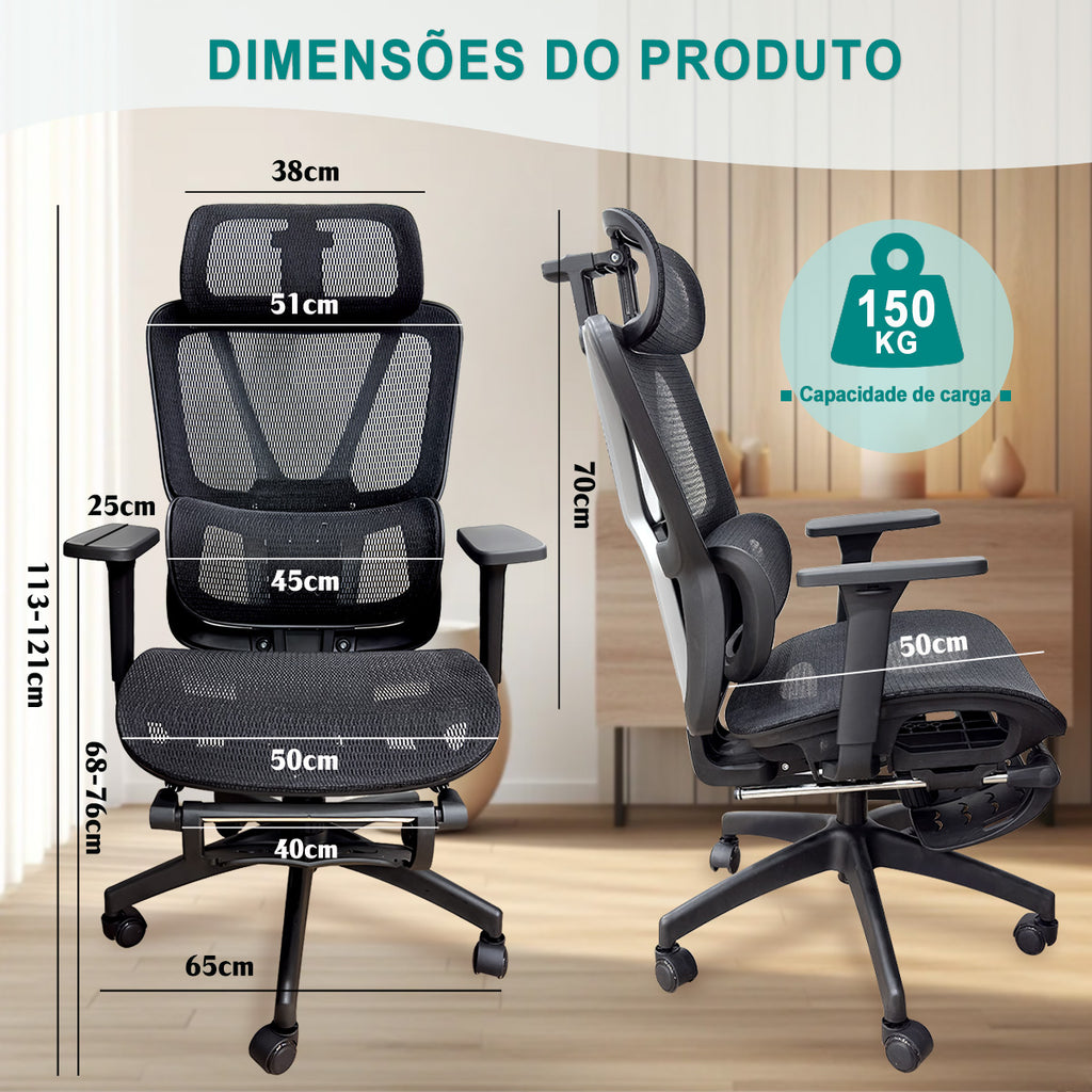 Dimensões e capacidade de carga (150kg) da cadeira ergonômica, medidas detalhadas para escritório