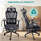 Dimensões e capacidade de carga (150kg) da cadeira ergonômica, medidas detalhadas para escritório