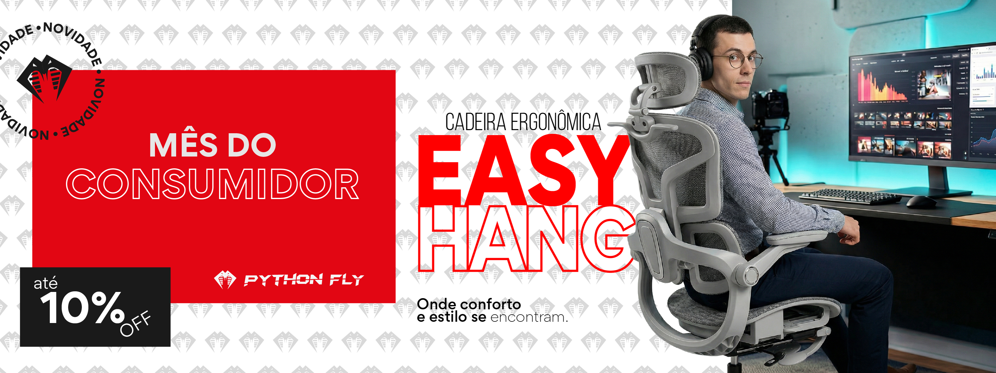Cadeira ergonômica Easy Hang Pythonfly: conforto e estilo para home office, promoção mês do consumidor com até 10% de desconto.