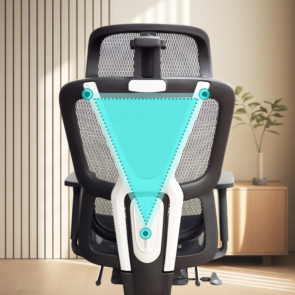 Estrutura triangular da costas da cadeira ergonômica, suporte estável e conforto prolongado