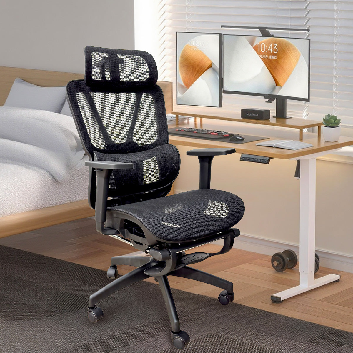 Cadeira ergonômica em ambiente home office, mesa ajustável e setup produtiv