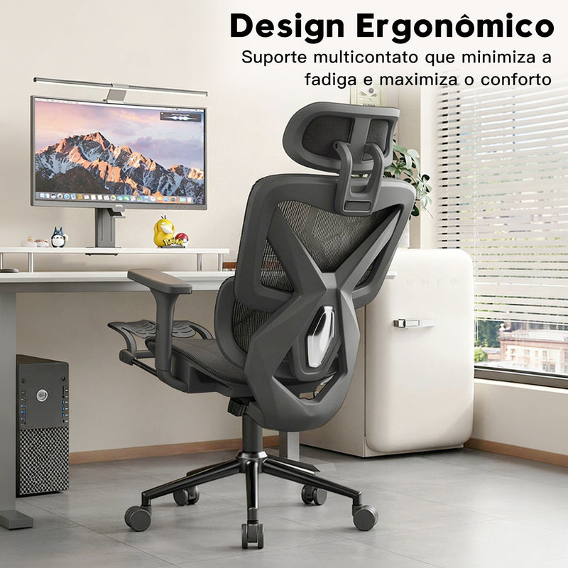 Design ergonômico da cadeira Pythonfly, suporte multicontato que reduz fadiga em longas jornadas de trabalho