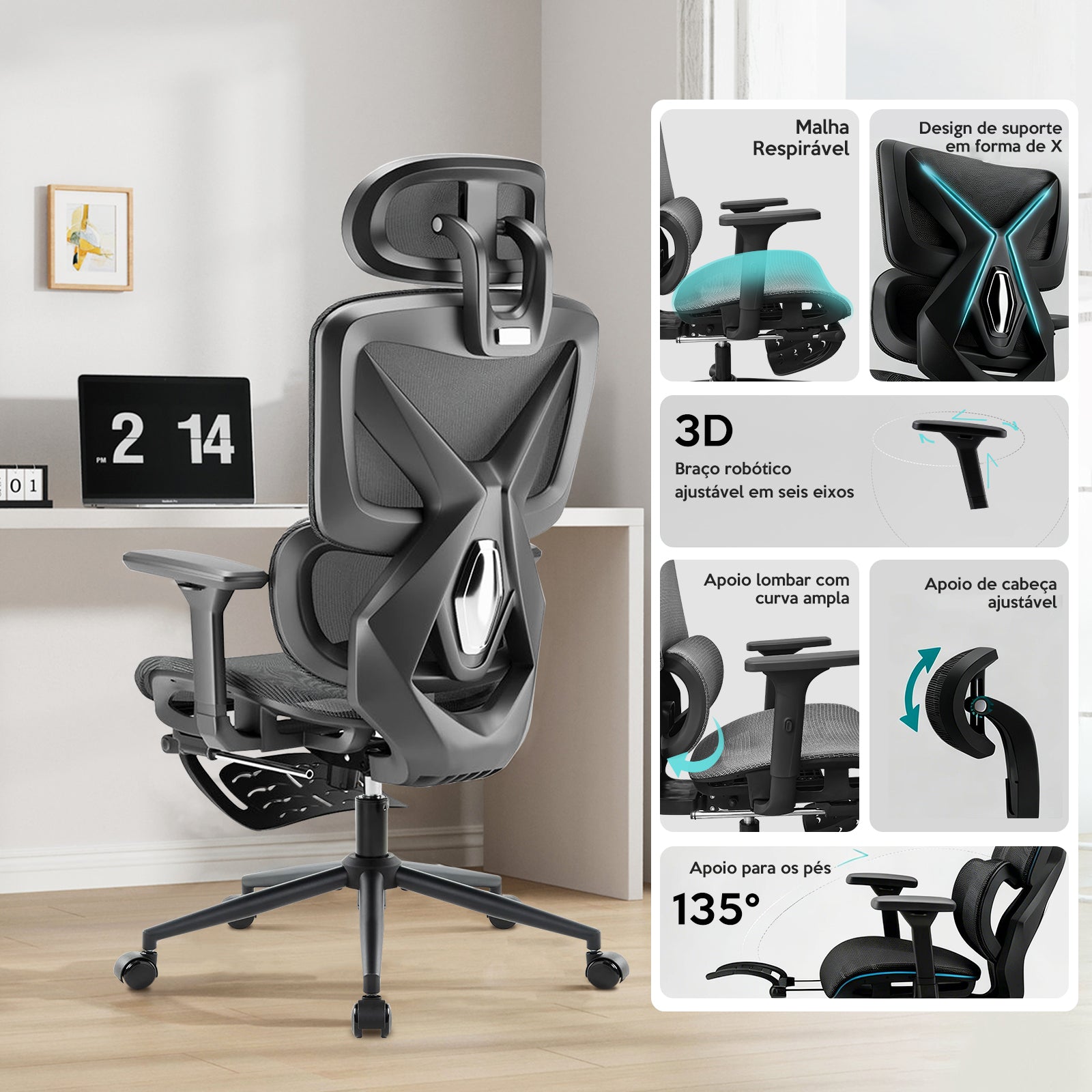 Malha respirável, suporte em forma de X e braços robóticos ajustáveis da cadeira ergonômica Pythonfly