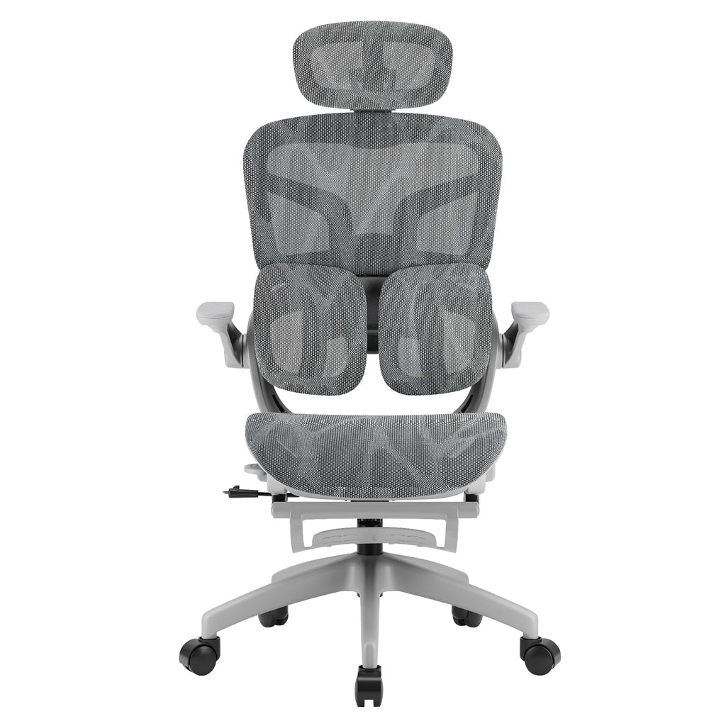 Vista frontal da cadeira ergonômica Pythonfly com suporte lombar ajustável e reposacabeça