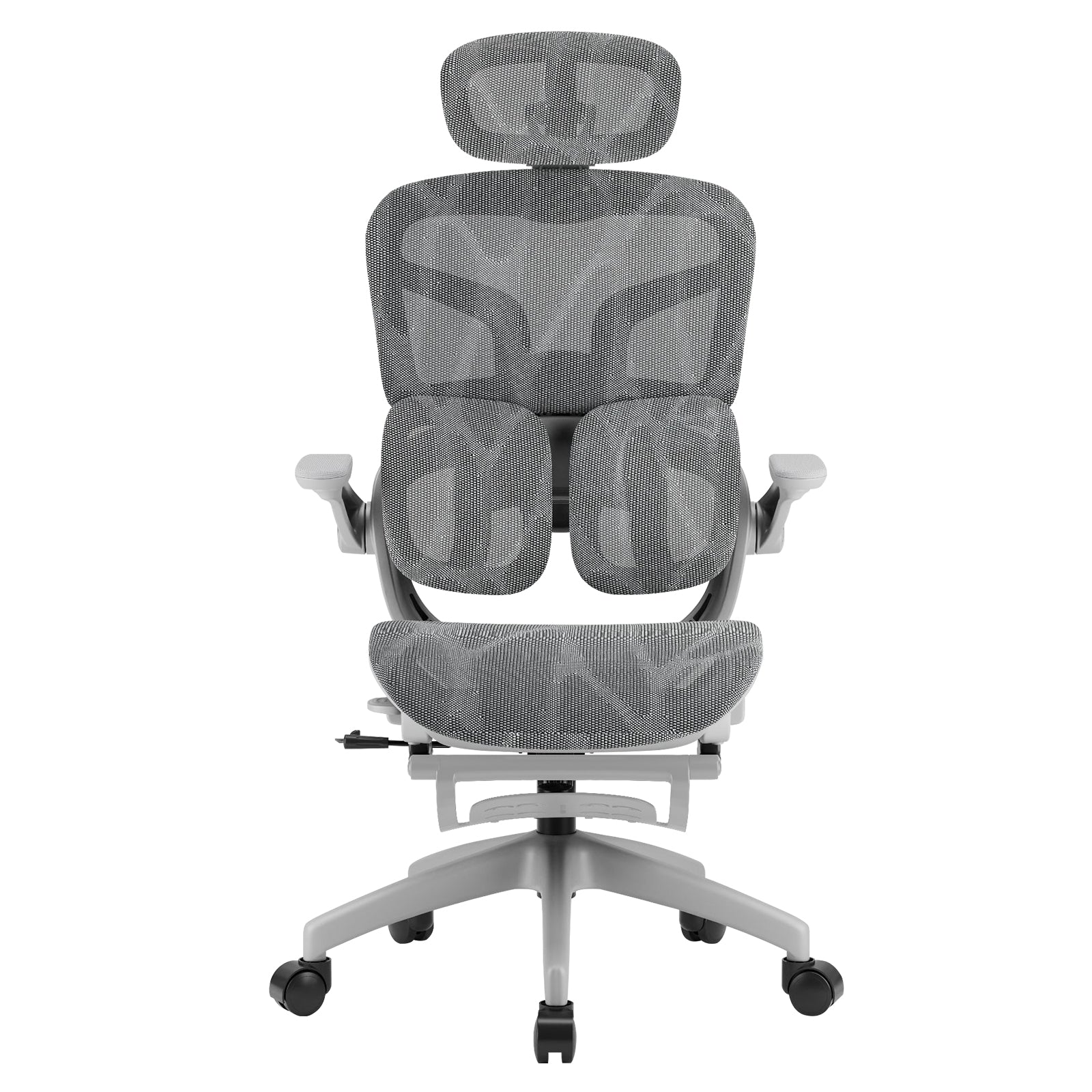 Vista frontal da cadeira ergonômica Pythonfly com suporte lombar ajustável e reposacabeça