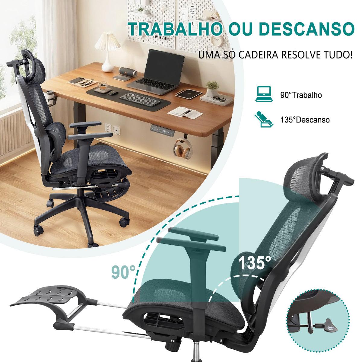 Cadeira ergonômica reclinável 135°, ajuste entre modo trabalho (90°) e descanso para home office