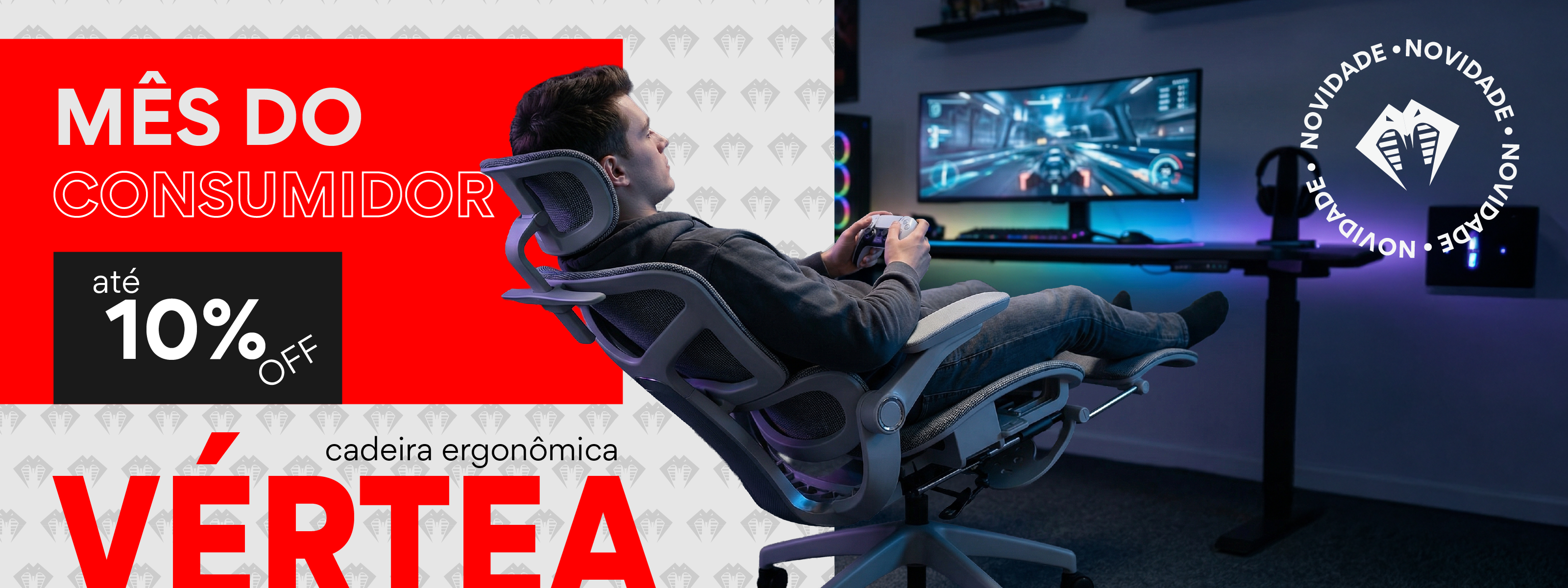 Cadeira ergonômica Vértea Pythonfly para jogos e home office, reclinável e confortável, promoção mês do consumidor com até 10% de desconto.
