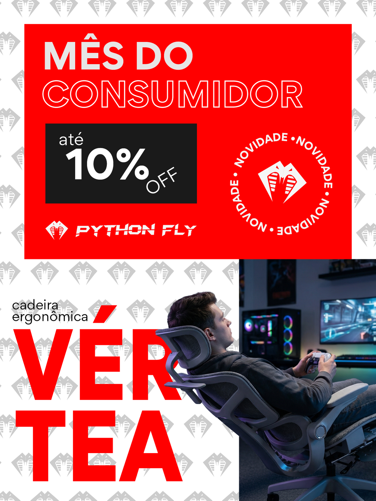 Cadeira ergonômica Vértea Pythonfly para gamer e home office, máxima conforto para longas sessões, promoção mês do consumidor até 10% off.