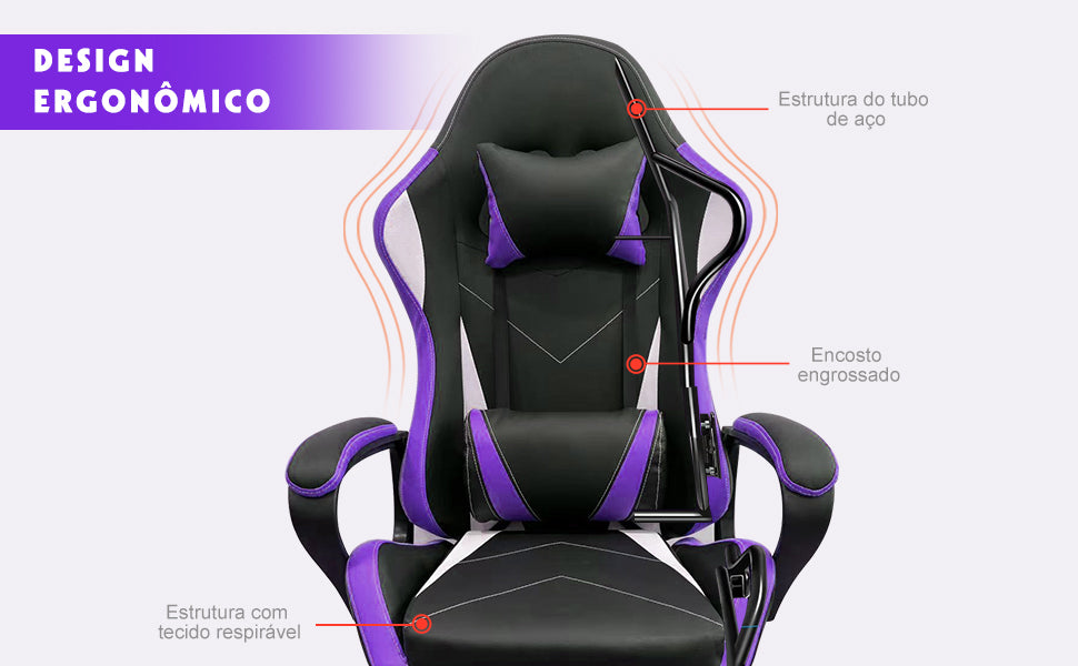 Cadeira gamer preta e roxa com design ergonômico, estrutura de aço, encosto engrossado e tecido respirável.
