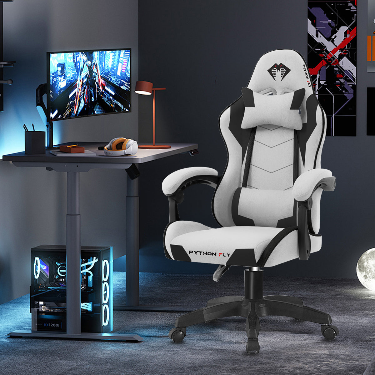 Cadeira gamer em tecido cinza claro - Rodas silenciosas