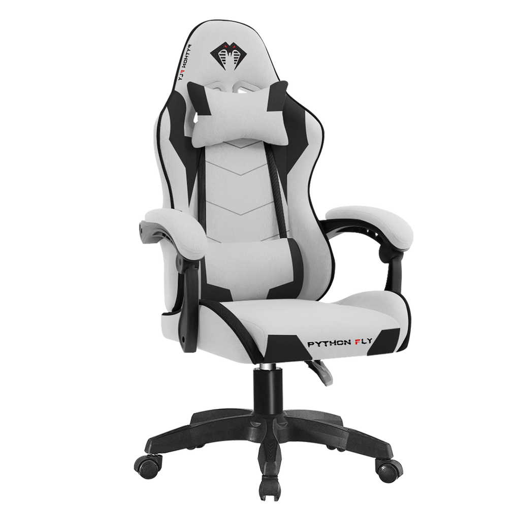 Cadeira gamer Python Fly de cor branca e preta, vista lateral, com design ergonômico, almofadas de cabeça e lombar, braços ajustáveis e base giratória com rodízios