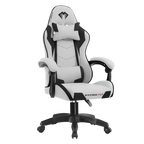 Cadeira gamer Python Fly de cor branca e preta, vista lateral, com design ergonômico, almofadas de cabeça e lombar, braços ajustáveis e base giratória com rodízios