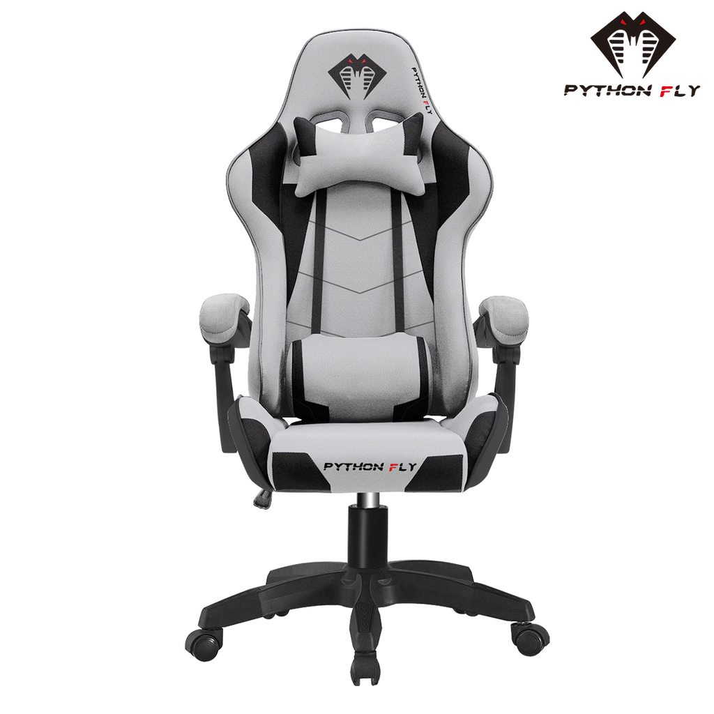 Cadeira gamer Python Fly de cor branca e preta, com design ergonômico, almofadas de cabeça e lombar, braços ajustáveis e base giratória com rodízios
