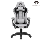 Cadeira gamer Python Fly de cor branca e preta, com design ergonômico, almofadas de cabeça e lombar, braços ajustáveis e base giratória com rodízios