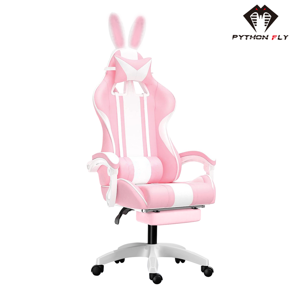 Cadeira gamer rosa nova da Python Fly - Design charmoso com orelhas de coelho, conforto ergonômico 3D e tecido respirável 