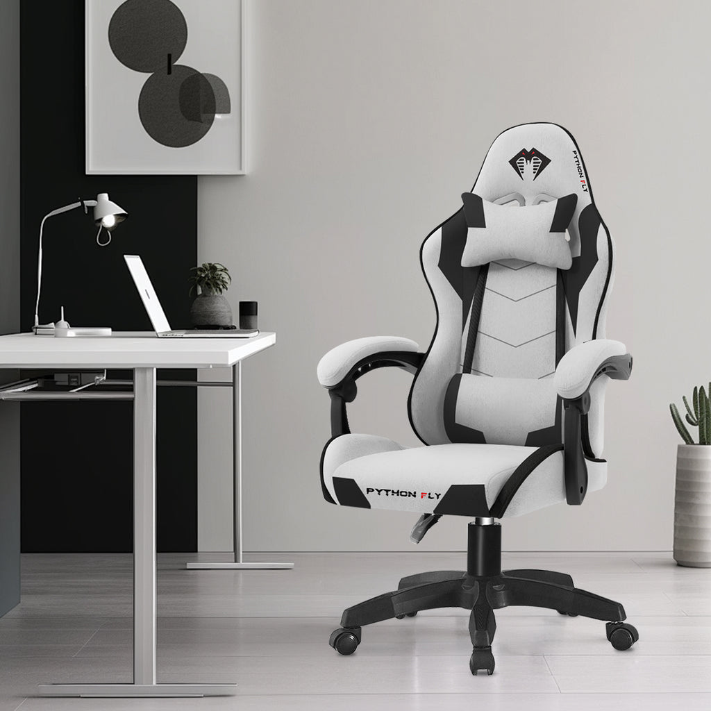 Cadeira gamer nova, em tecido cinza claro - Detalhes elegantes