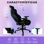 Características da cadeira gamer Pythonfly HEXA: reclinável até 135°, braços reguláveis, giratória, suporte até 150kg