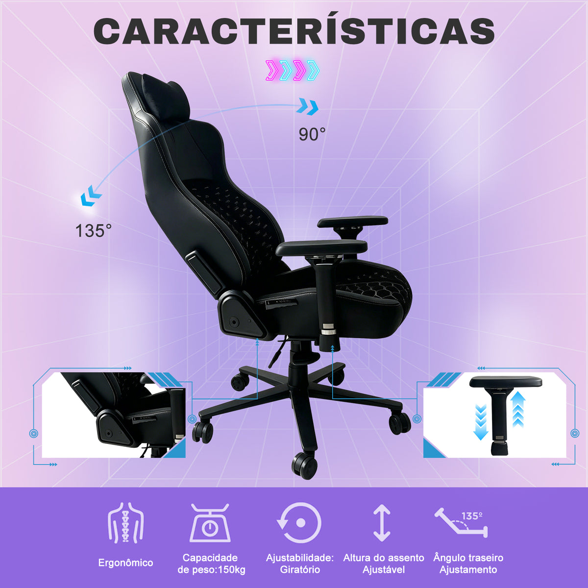 Características da cadeira gamer Pythonfly HEXA: reclinável até 135°, braços reguláveis, giratória, suporte até 150kg