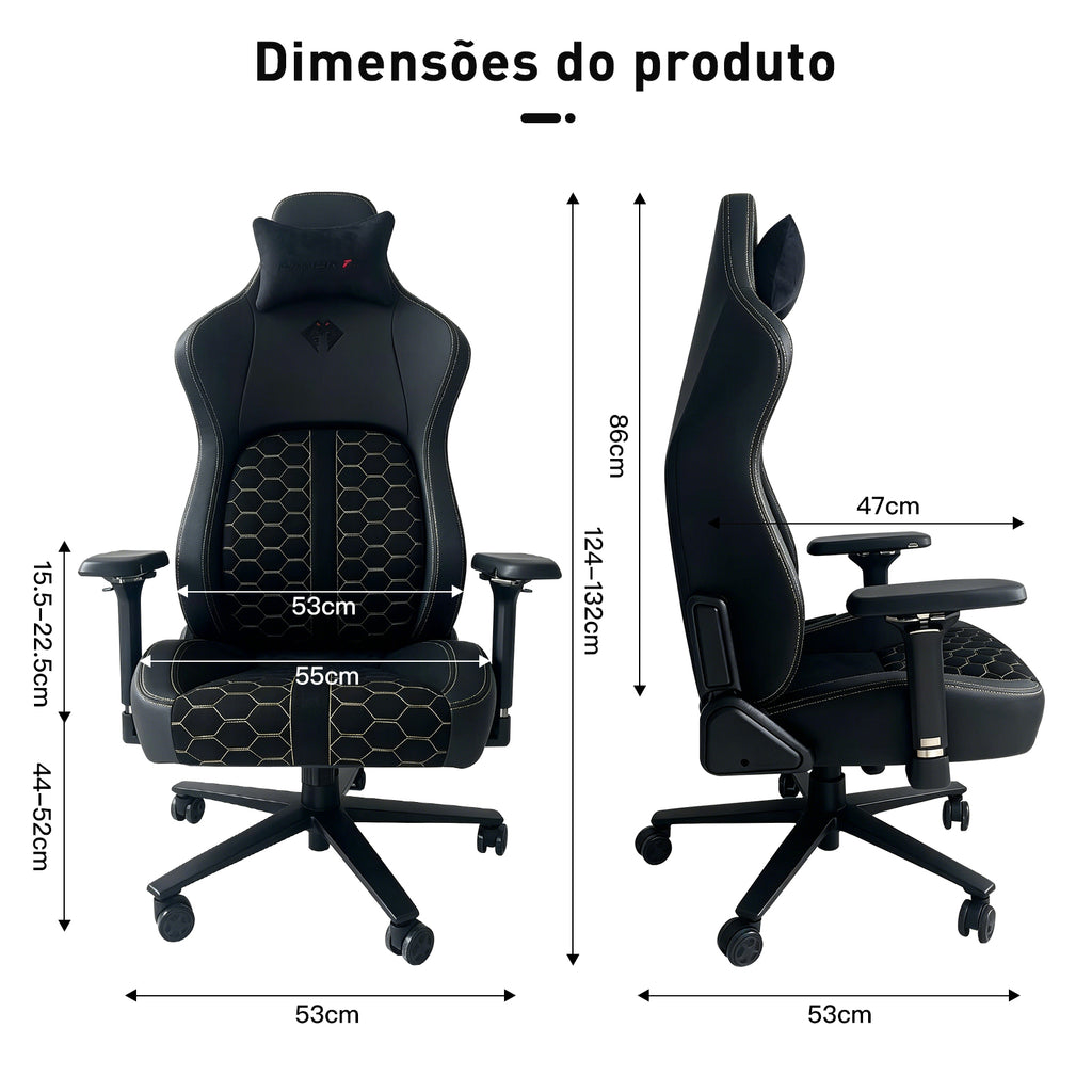 Dimensões da cadeira gamer Pythonfly HEXA, medidas largura altura profundidade assento encosto