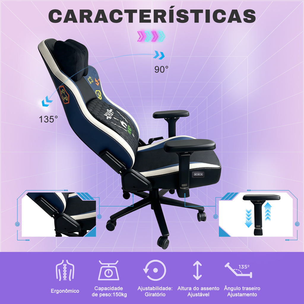 Características da cadeira gamer Pythonfly RETROGAME: reclinável até 135°, braços 4D, suporte 150kg, massagem, ventilação e aquecimento
