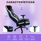 Características da cadeira gamer Pythonfly RETROGAME: reclinável até 135°, braços 4D, suporte 150kg, massagem, ventilação e aquecimento