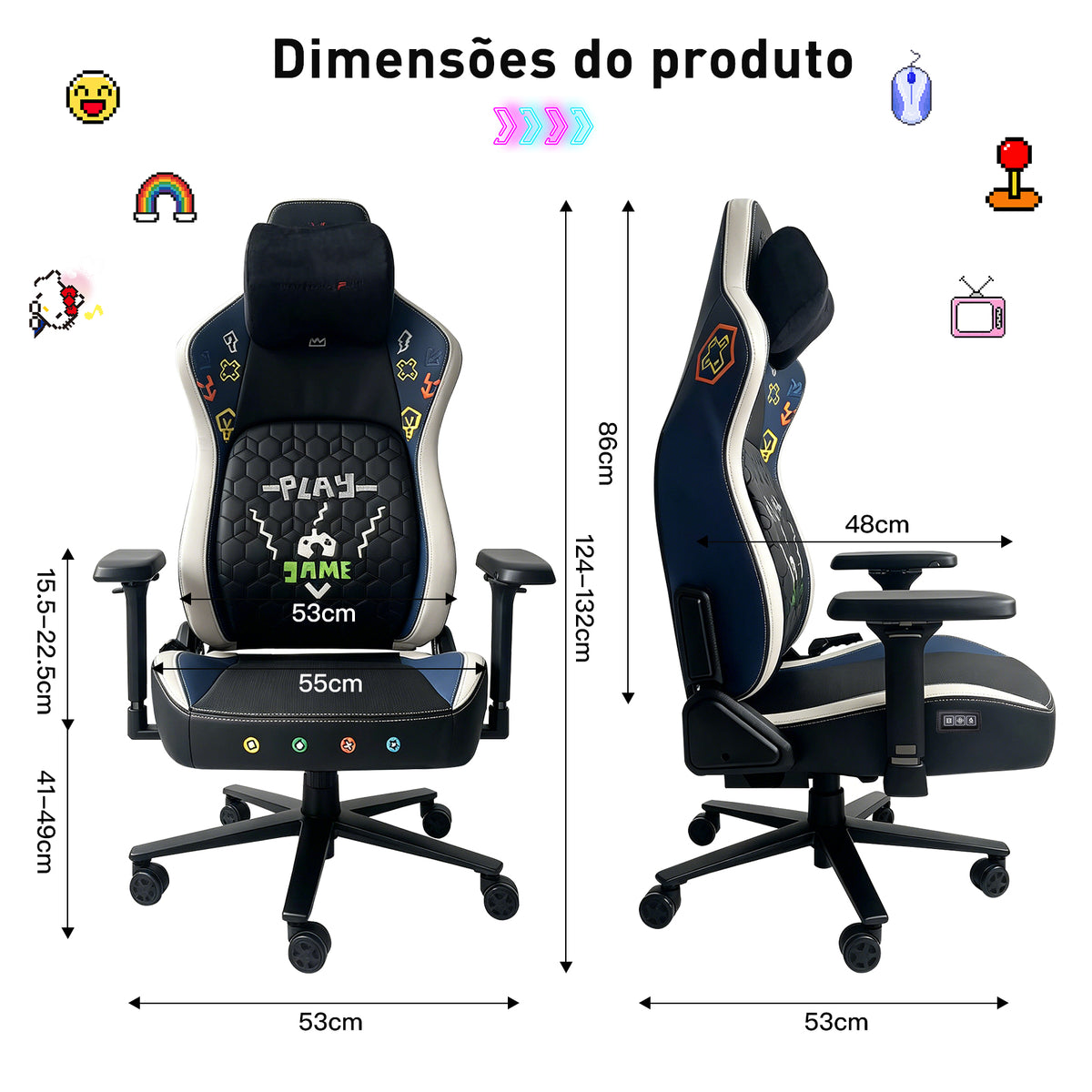 Dimensões da cadeira gamer Pythonfly RETROGAME, medidas completas da cadeira com massagem, ventilação e aquecimento