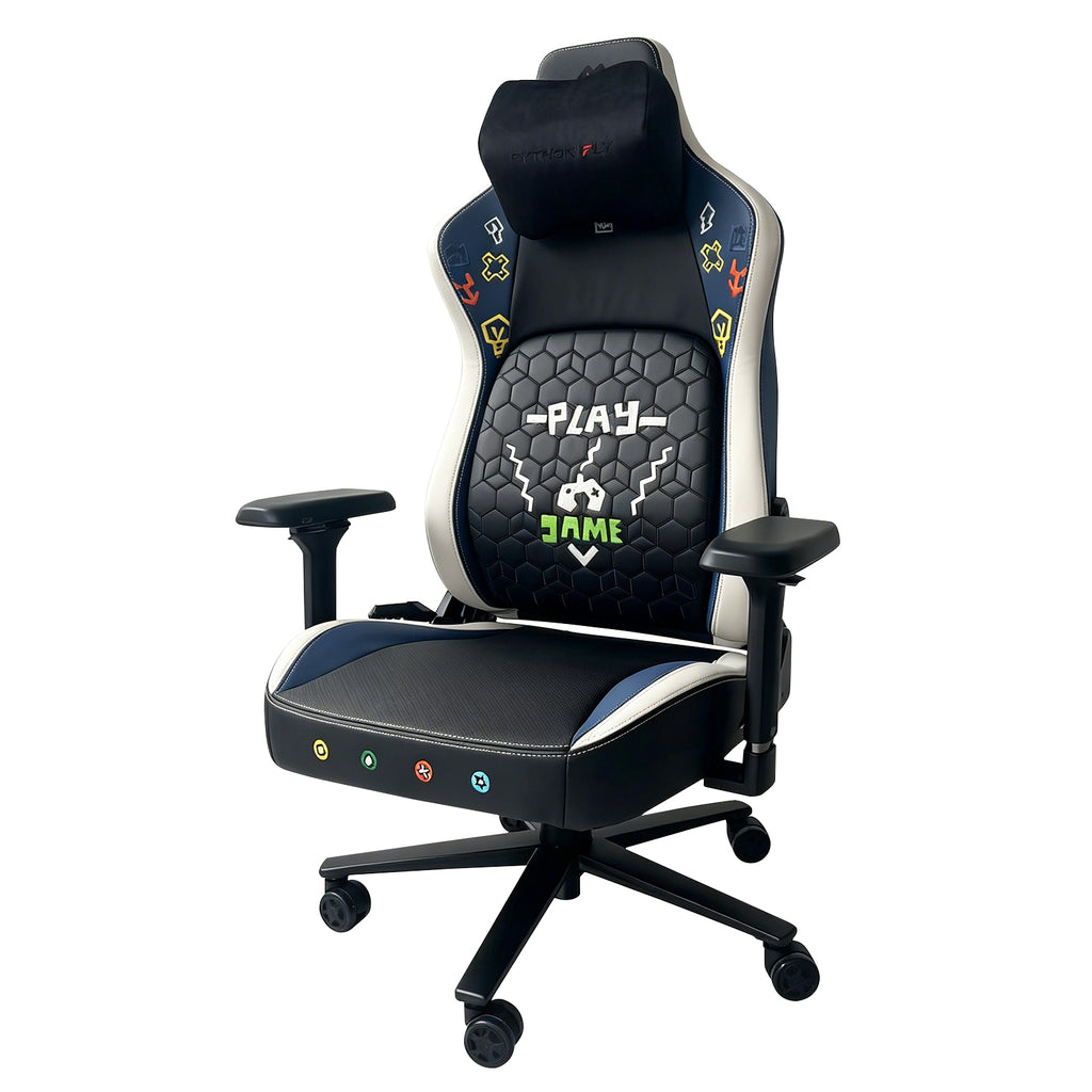 Cadeira gamer Pythonfly RETROGAME tema retro game, com funções de massagem, ventilação e aquecimento, almofada cervical inclusa