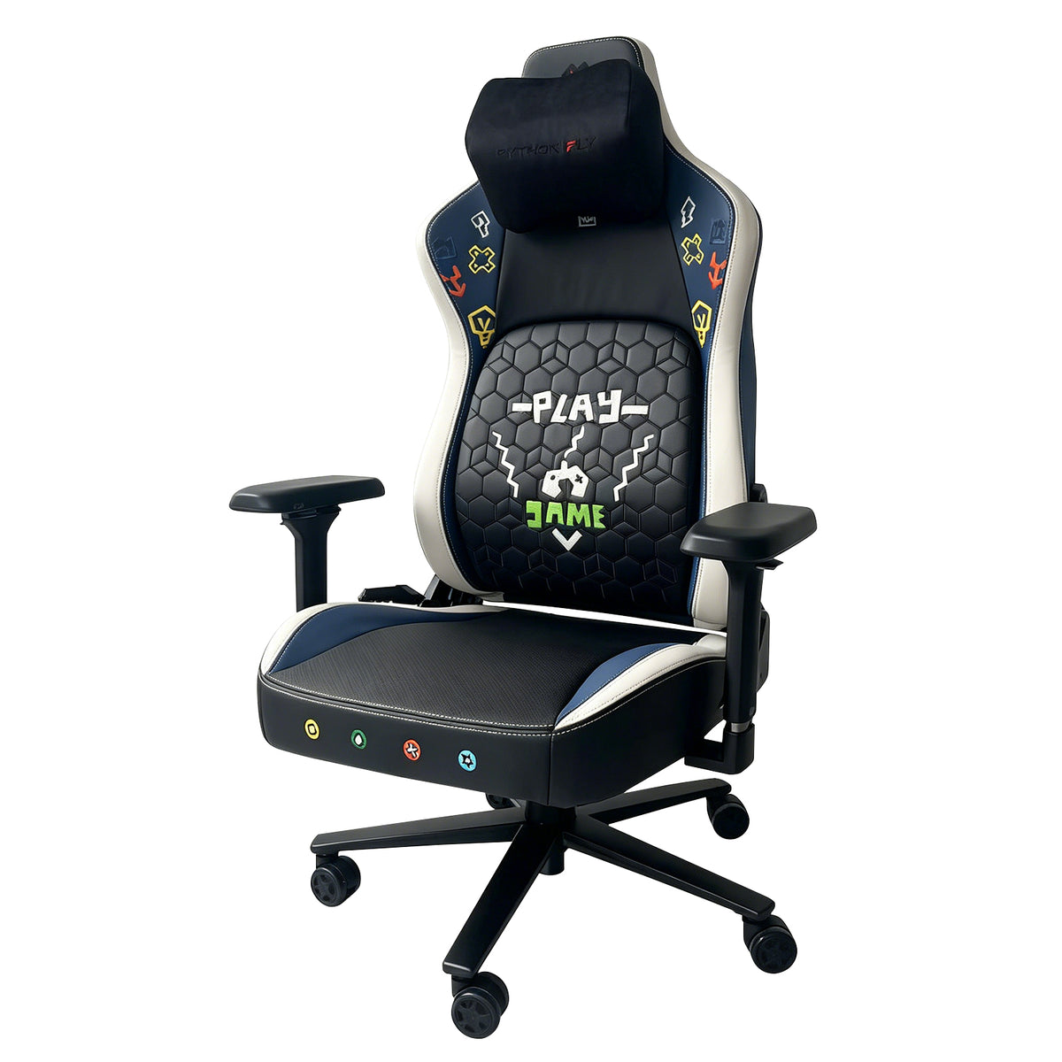 Cadeira gamer Pythonfly RETROGAME tema retro game, com funções de massagem, ventilação e aquecimento, almofada cervical inclusa
