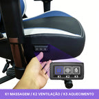 Painel de controle da Pythonfly RETROGAME: K1 Massagem, K2 Ventilação, K3 Aquecimento, funções integradas na cadeira gamer