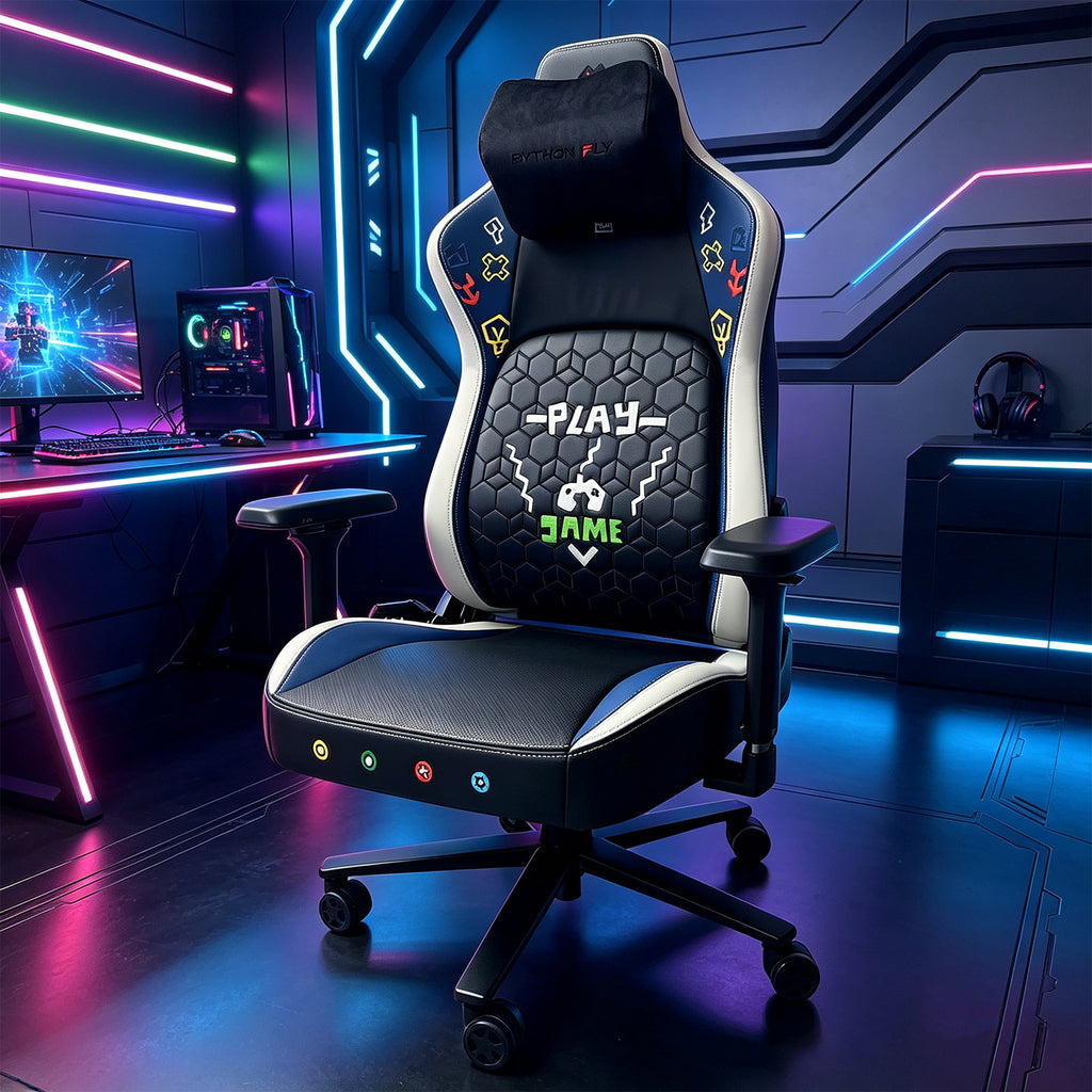 Cadeira gamer Pythonfly RETROGAME em ambiente de setup gamer com luzes RGB, funções de massagem, ventilação e aquecimento