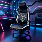 Cadeira gamer Pythonfly RETROGAME em ambiente de setup gamer com luzes RGB, funções de massagem, ventilação e aquecimento